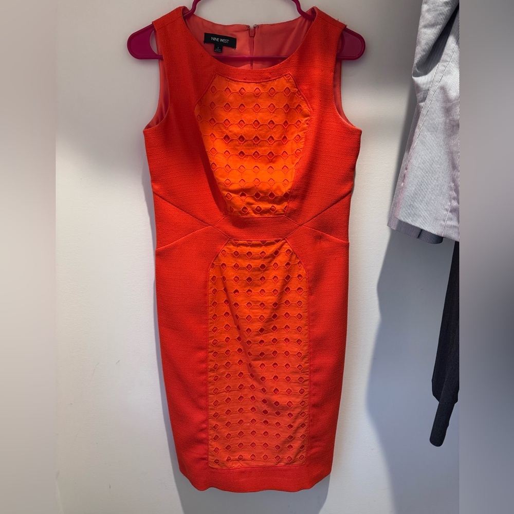 Nine West Bright Orange Eyelet-Panel Midi Dress